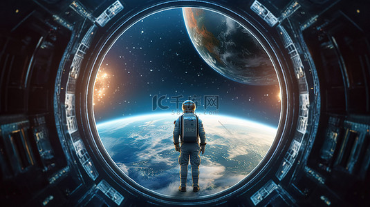 世界地球背景图片_1 先进航天器中的孤独太空人观察地球 3D 渲染