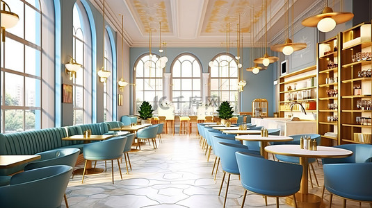 市中心充满活力和别致的咖啡馆内饰，豪华现代欧洲设计，配有色彩缤纷的家具 3D 渲染