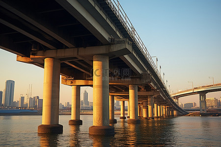 水桥城市背景图片_一座大城市中横跨水面的桥梁