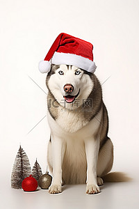 戴着圣诞帽的哈士奇狗