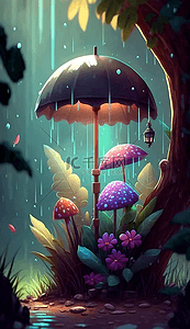 可爱卡通小花花背景图片_叶子小花蘑菇雨中的树下卡通可爱背景