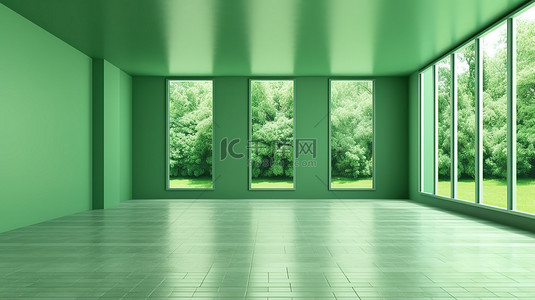 带绿色墙壁的无人房间的 3D 插图