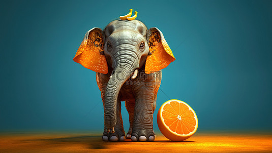 顽皮的 3d 大象，鼻子里有一个橙子