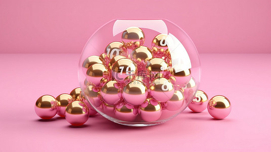 玩具节背景图片_闪闪发光的金属数字包裹在玻璃球中，在玫瑰色背景下采用 3D 设计的节日装饰品
