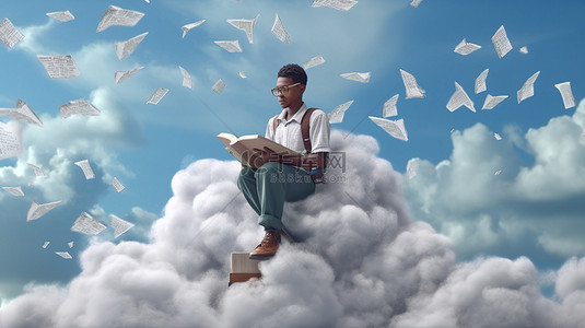 读书背景图片_一位年轻的非洲男性文学爱好者在天空中蓬松的云彩上阅读的 3D 渲染