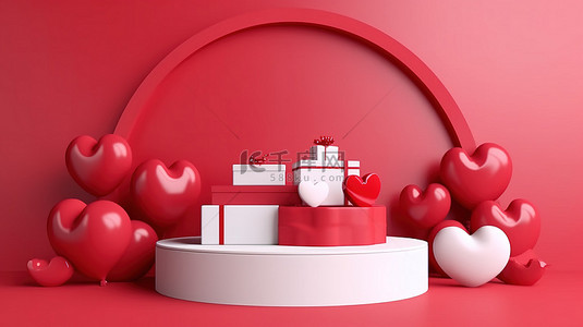 情人节的喜悦礼物展示台上有心形气球和礼品盒，在充满活力的红色背景 3d 渲染