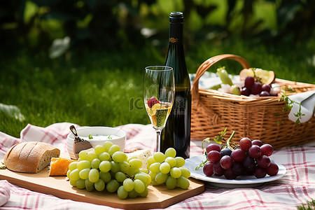 水果沙拉背景图片_公园里的野餐展示了蔓越莓酒和一些葡萄