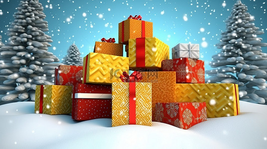3D 渲染黄色和红色礼品盒，配有雪花，非常适合圣诞节新年或生日