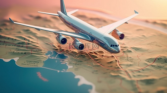 环球旅行背景图片_带有目的地引脚的环球旅行飞机 3D 渲染的旅游和旅行体验
