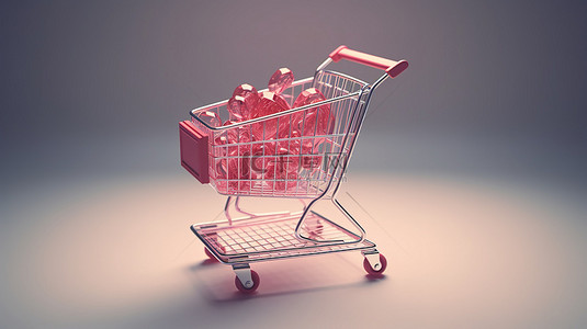 带有 3d“我爱购物”排版说明性海报设计的心形购物车