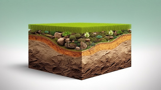 具有草和泥的地质多样化土壤的孤立横截面的 3D 插图