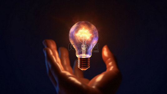 创新概念手握发光灯泡的 3D 插图