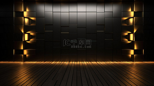 黑网格背景图片_金光的 3D 渲染照亮了带有复杂裂缝空间的黑色瓷砖墙