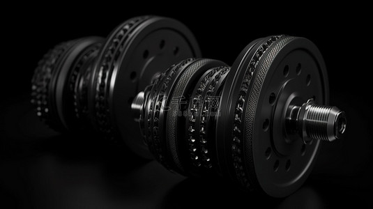 黑色背景下用于健身和健美的专业黑色哑铃的时尚而坚固的 3D 渲染