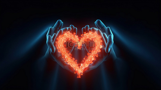 爱健康背景图片_心波符号和手的 3D 渲染形成一颗强调捐赠概念的心
