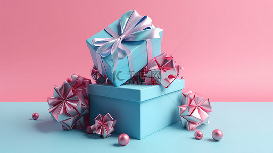 粉红色白色背景图片_迷人的 3d 渲染，在圣诞节和元旦的粉红色背景上呈现蓝色礼盒