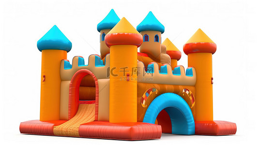 玩具城堡背景图片_白色背景上各种颜色 3D 渲染的充满活力的充气城堡