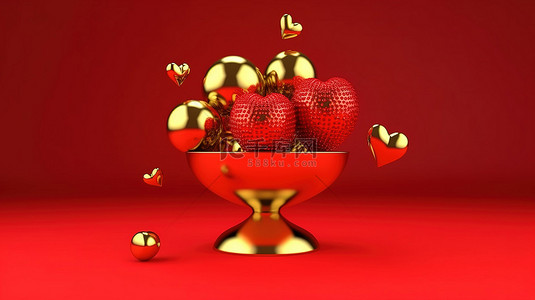 红色背景下情人节的 3d 心形和小球装饰金色气球字体
