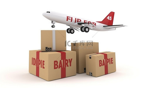 航运使插图玩具喷气式飞机变得有趣，在 3D 呈现的白色背景上成堆的货箱中带有免费送货标志