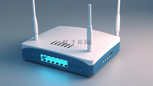 带有蓝色 wi fi 图标的路由器的无线网络 3D 渲染