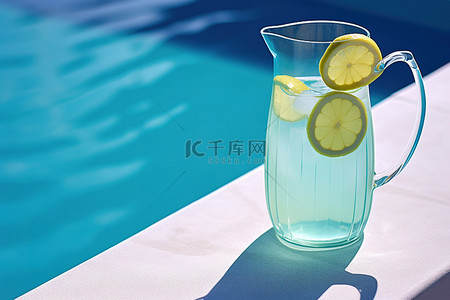 暴打柠檬茶背景图片_蓝色水面上的白色水罐坐在桌子上