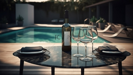 酒杯和瓶子以惊人的 3D 渲染排列在游泳池附近的桌子上