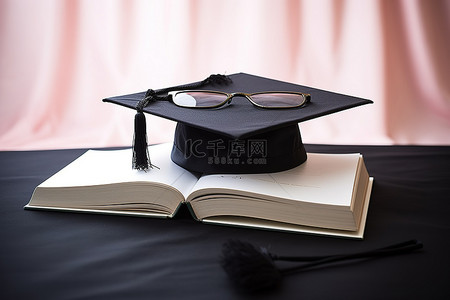 毕业帽眼镜和书在床上