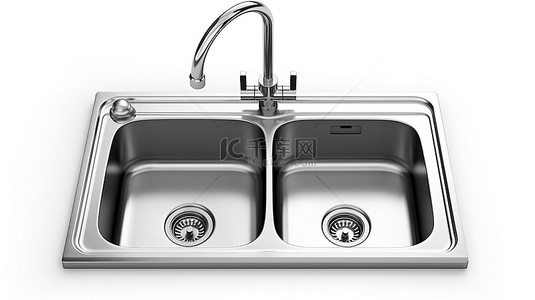 家庭卫生背景图片_白色背景上闪亮的不锈钢厨房水槽的顶视图 3D 插图