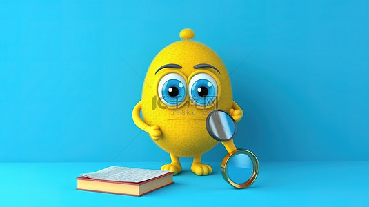 教育logo背景图片_在 3D 渲染的充满活力的黄色背景上挥舞着蓝色书吉祥物的放大镜