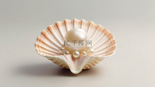 白色背景上带有珍珠的美丽贝壳的 3D 渲染