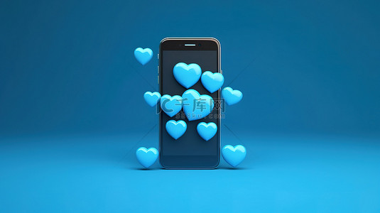 手机框背景图片_3d 在蓝色背景上渲染爱情信息，带有手机聊天框和心形图标