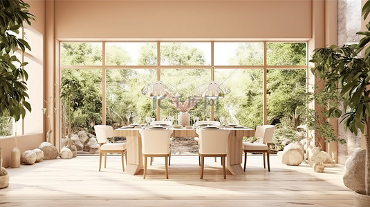 阳光明媚的餐厅中米色室内设计的 3D 渲染，可欣赏自然全景