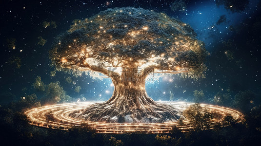 充满力量感背景图片_生命的中心树地球和天堂之间的相互联系充满能量的 3D 插图