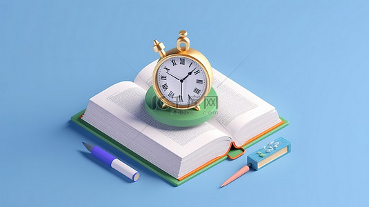 回到学校，现代等距设计，以蓝色背景上的一本打开的书和时钟为特色