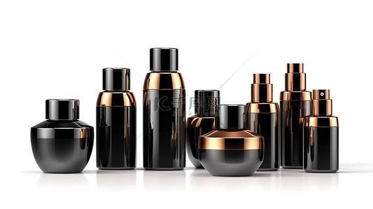 精美的黑色和青铜色高端豪华化妆品瓶系列，白色背景 3D 插图
