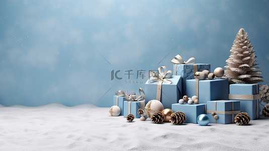 圣诞海报背景图片_节日圣诞节横幅背景上的蓝色礼物和冷杉锥 3D 插图