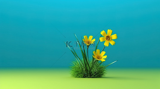 蓝色花田背景图片_郁郁葱葱的绿草中孤独的黄花，在蓝色背景 3D 插图中脱颖而出