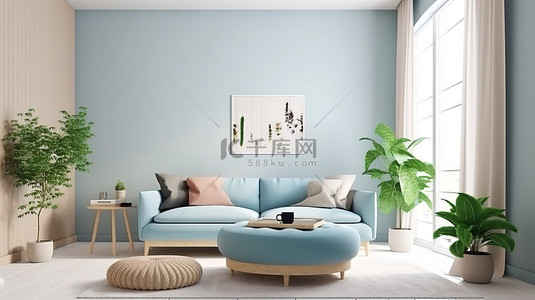 连体坐垫背景图片_舒缓的家居装饰蓝色坐垫凳和植物装饰营造出宁静的室内 3D 渲染效果