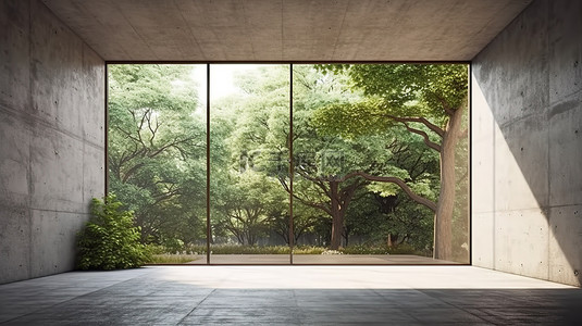 黑背景图片_宽敞的混凝土房间充满自然的 3D 渲染，配有大窗户，俯瞰宁静的花园