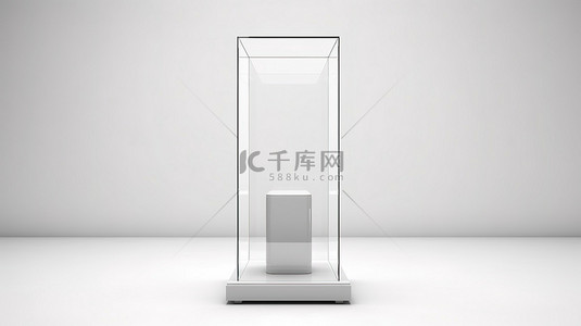 艺术画廊或博物馆中空置基座舞台或柱子顶部的玻璃展示立方体，在白色背景上以 3D 渲染