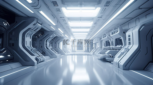 未来派太空飞船内部的 3D 建筑可视化