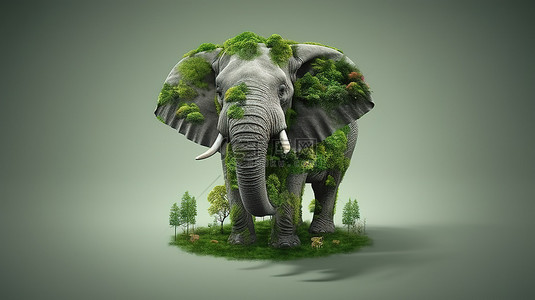 3D大象形绿色森林象征性致敬世界环境日和世界野生动物日