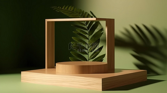 叶影背景图片_绿色植物注入木制讲台 3D 显示与叶影
