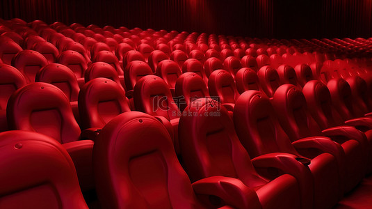 带有一排红色卡通软椅 3D 渲染的美学电影院