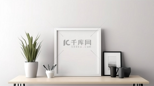 生活办公背景图片_简单的白色办公区，配有空木框凸轮和办公桌上的 3D 渲染装饰