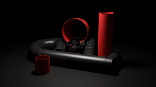 黑色力量背景图片_3D 渲染抽象黑色背景，具有工业管道和红色感叹号图标