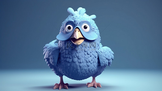 有趣的蓝鸡 3D 插图，一只卷曲的椭圆形鸟，有小翅膀和惊讶的眼睛