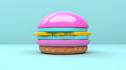 汉堡沙拉背景图片_柔和的蓝色背景与简约的 3D 粉色芝士汉堡