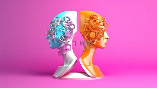 头部背景图片_封装在性别符号中的男性和女性头部的 3D 渲染插图