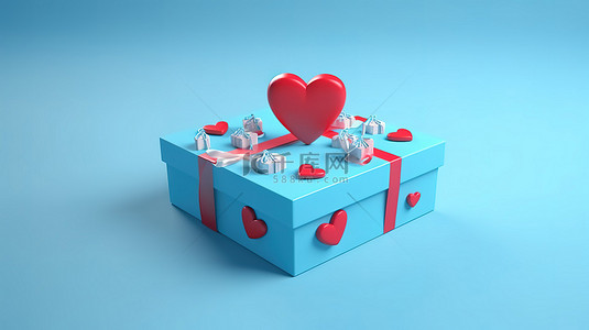 蓝色爱心图标背景图片_3D 渲染社交媒体图标和蓝色背景上充满爱心的礼品盒是完美的情人节概念